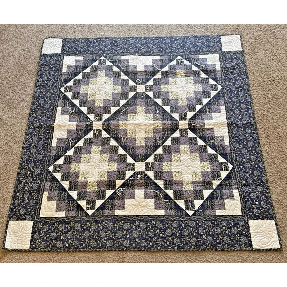 Vintage Style Handmade Prayer Qulit Patchwork Quilt Shades of Blue 50